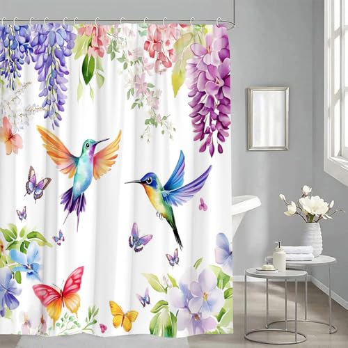 Watercolor Flowers Hummingbird Shower Curtain 70" x 70"
