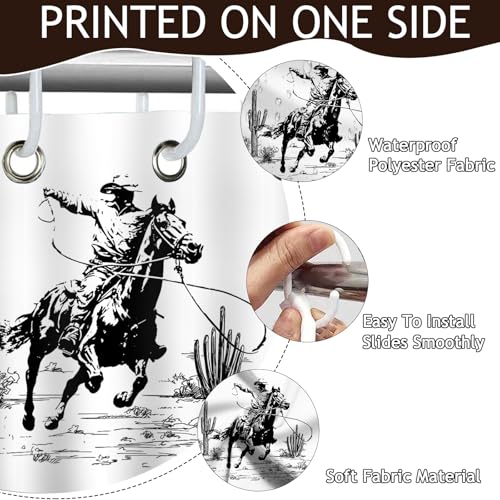 Mocsicka Black and White Western Cowboy Shower Curtain - 72x72 Waterproof Polyester Curtain for Farmhouse Decor