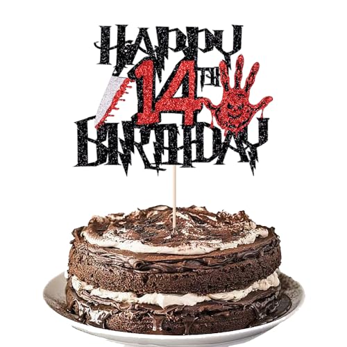 Glitter Killer Happy 14th Birthday Cake Topper - Halloween Decor