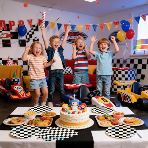Checkered Race Car Party Plates and Napkins Set - 50 Piece Disposable Kit