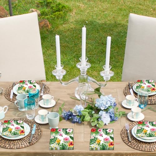 Merriva Tropical Hibiscus & Greenery Paper Napkins, 50 Count, Disposable Summer Party Decor