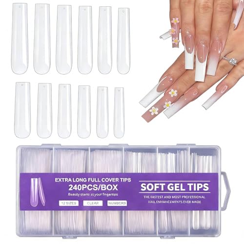 MtnLaur 240Pcs XXXL Tapered Square Nail Tips Full Cover Clear Fake Nails