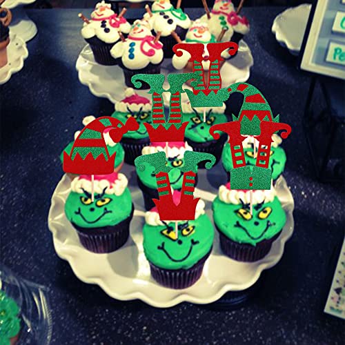Christmas Elf Cupcake Toppers Glitter Merry Santa Hat Elf Legs Design 18 - 24 Pack