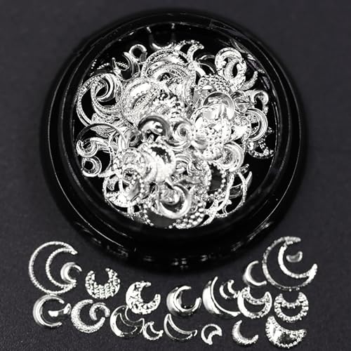 Silver Moon Nail Charms 3D Metal Studs Mix Size DIY Manicure Decors