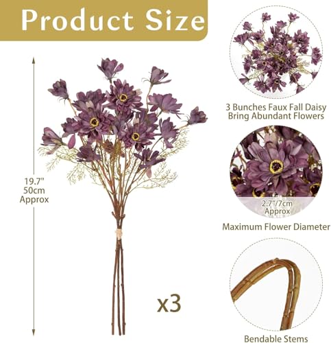 Artificial Daisy Flowers - 3 Bunches of Burgundy Silk Mums for Fall Decor