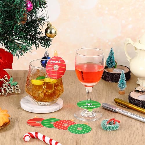 Christmas Ball Wine Glass Charms Set - 48 Paper Drink Markers with Gold & Silver Markers - Holiday Party Favors