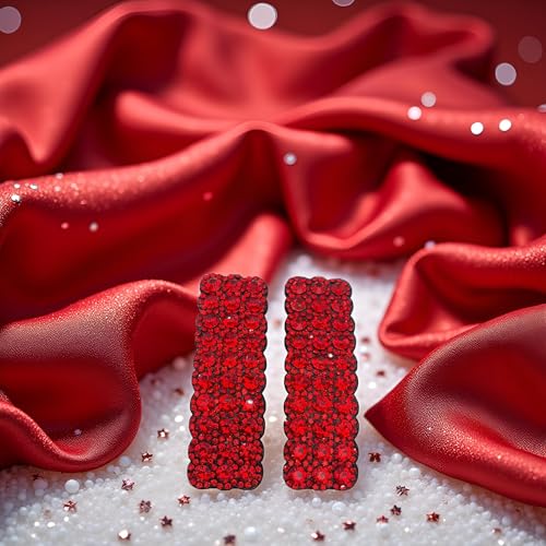 Red Rhinestone Snap Hair Clips for Women - 2 Pack Rectangular Hair Barrettes