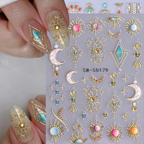 5D Embossed Sun Moon Nail Art Stickers Bohemian Metallic Gold Decals