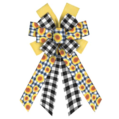 Sunflower Wreath Bow - Large Black White Buffalo Plaid Decor