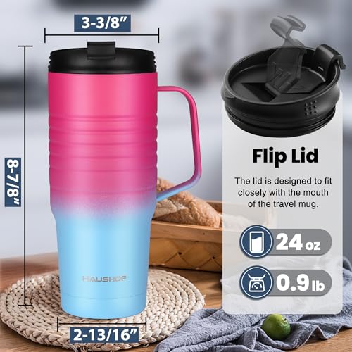 24 oz Travel Mug with Handle - Stainless Steel Vacuum Insulated Coffee Cup, Leakproof Lid, BPA-Free, Sorbet