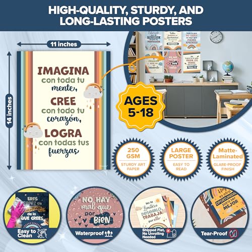 15 Boho Rainbow Spanish Classroom Posters | Motivational Decor