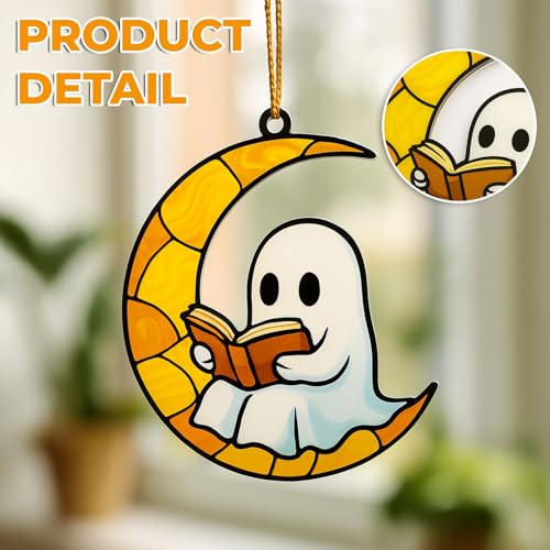 Ghost Reading Ornament - Stained Glass Style Book Decor