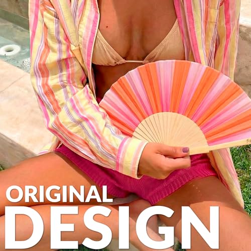 Fisura Colorful Pink and Orange Stripe Wooden Folding Fan with Wrist Strap – Summer Travel & Beach Accessory