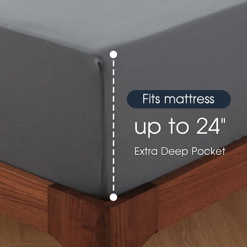 HYPREST Queen Sheet Set - Extra Deep Pocket 100% Cotton, Soft & Wrinkle-Free, Grey | Fits 18"-24" Mattresses