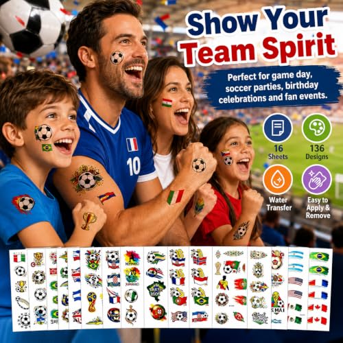 World Cup Soccer Temporary Face Tattoos - 16 Sheet Fan Party Pack