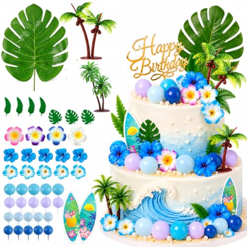 45 Pcs Blue Hawaiian Cake Topper Set with Palm Trees & Surfboards
