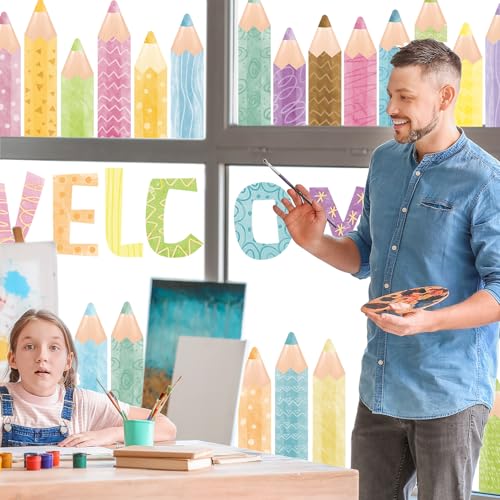 Quera Pastel Pencil Window Clings - 9 Sheets Reusable Back to School Decals