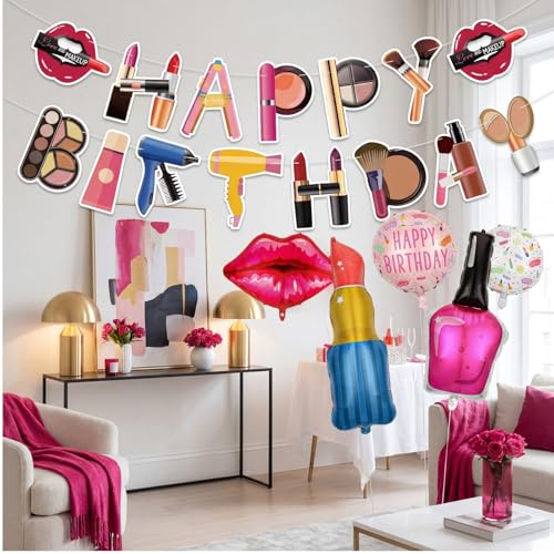 Makeup Birthday Party Decorations Set - Happy Birthday Banner & Balloons