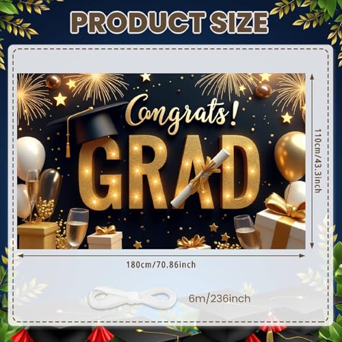 Congrats Grad Banner - Black Gold Graduation Party Decoration 2026