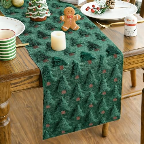 Christmas Table Runner Green Faux Fur Jacquard 13x72 Inch - Festive Holiday Decor - Green B