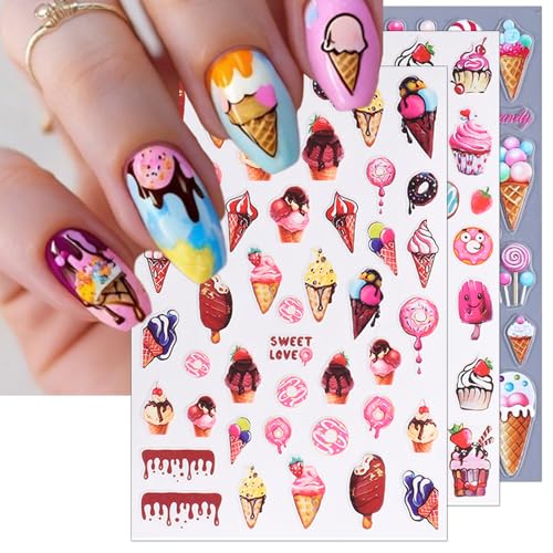 IDDFEVE Dessert Nail Art Stickers - Ice Cream & Lollipop Decals (3 Sheets)