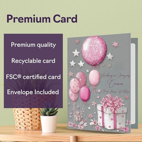 Giftzie Silver Cousin Birthday Card - A5 with Pink Presents