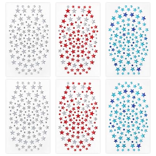 SARATA 4th of July Star Face Gems - Self-Adhesive Rhinestone Stickers 6 Sheets