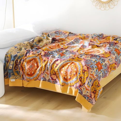Watbro Boho Cotton Throw Blanket - 60" x 80" Floral Rustic Farmhouse Quilt