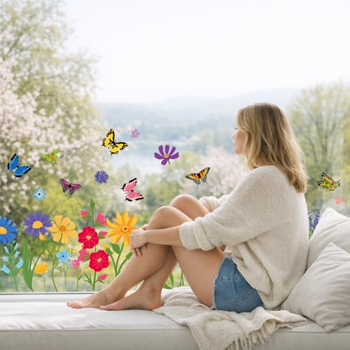 93-Piece Spring Window Clings - Colorful Flower & Butterfly Decals