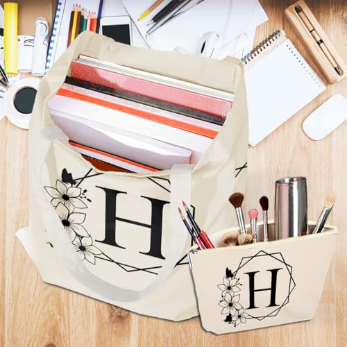 Initial Monogrammed Canvas Tote Bag with Cosmetic Bag Set