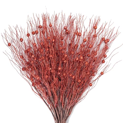 Red Christmas Tree Picks Set of 20 Glittered Twigs for Holiday Decor
