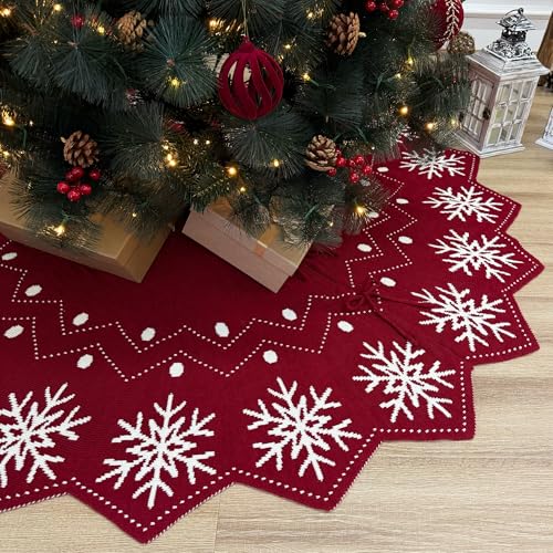 48-Inch Reversible Knit Snowflake Christmas Tree Skirt - Burgundy & White