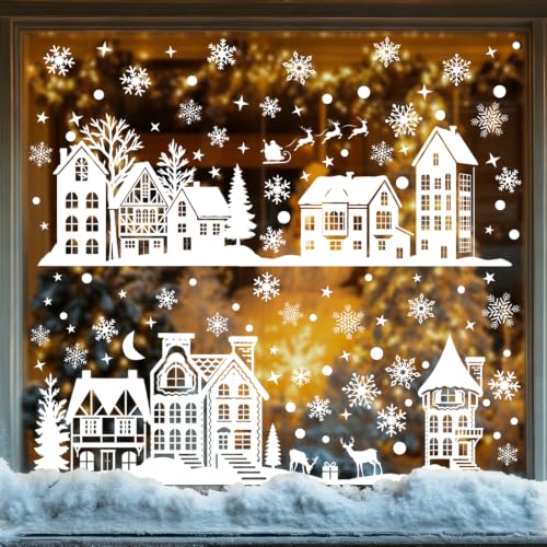 Christmas Village Window Clings Set - Extra Large Snowflake & Elk Design, 2 Sheets, White Theme