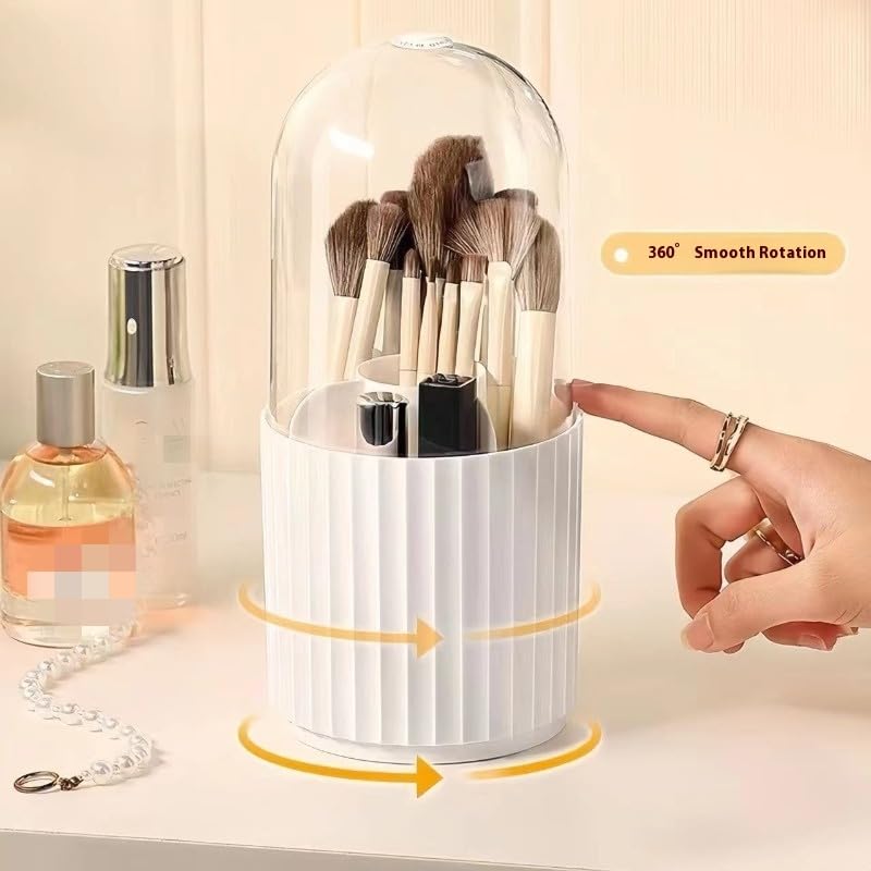Ariettie 360° Rotating Makeup Brush Organizer with Lid - White