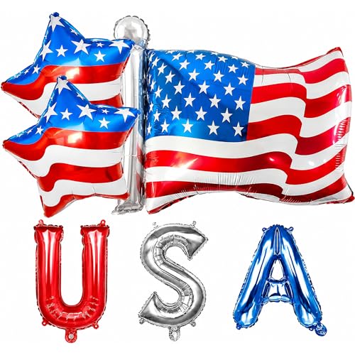 USA Letter Balloons Set - 28" American Flag & 18" Star Mylar Balloons