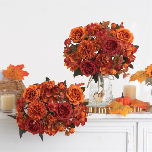 2 Pcs Artificial Fall Peony & Hydrangea Bouquet - Orange Red Silk Flowers