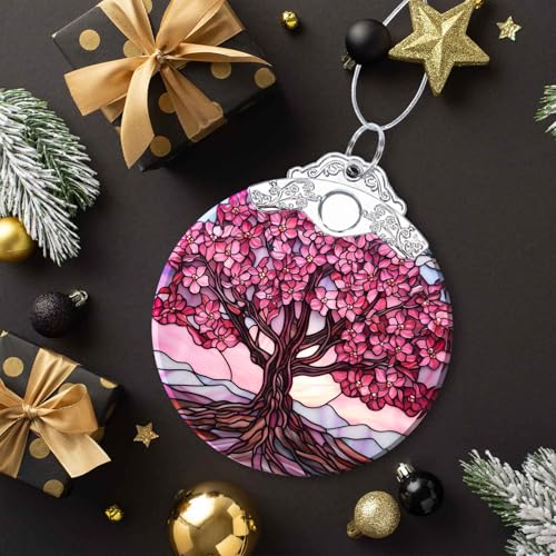 Pink Tree of Life Christmas Ornament Double-Sided Stained Glass Suncatcher - Pink Variation