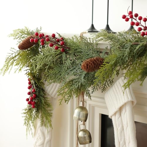 Artificial Pine Garland 6 Feet with Pinecones & Berries - Christmas Decor, Pine Mix