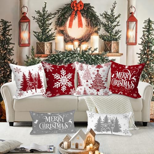 Christmas Pillow Covers Set of 4 - 24x24 Red Holiday Cushion Covers - Festive Decor