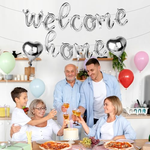 Welcome Home Balloon Banner Set - Silver Foil Letters & Hearts