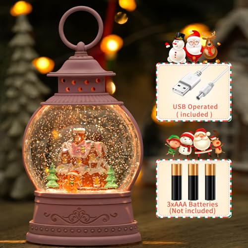 Pink Lantern Musical Snow Globe with Gingerbread House & Man - Christmas Decor - Ty- Gingerbread House