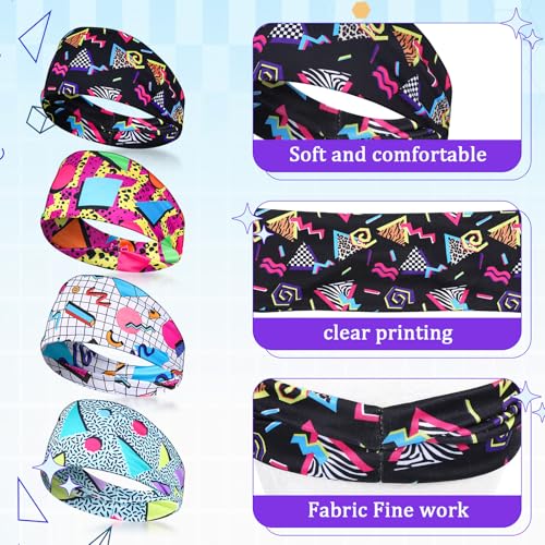 4 Pack 80s 90s Neon Vintage Headbands, Retro Soft Sport Sweatbands 90s Outfit Accessories for Women Men, Fashion Workout Hairband for Hip Hop Party Style Hiking Cycling Running