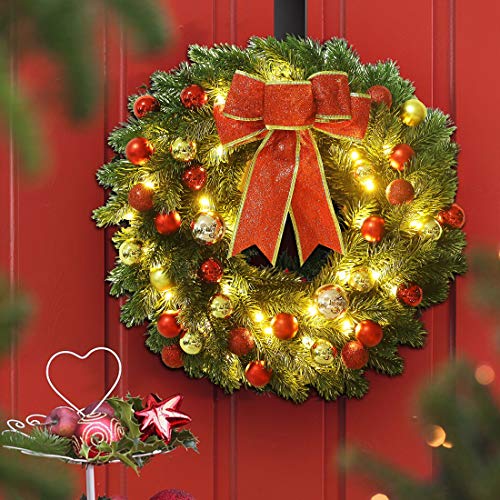 16-Inch Pre-lit Christmas Wreath with Hanging Hook and 40 LED Lights - Battery Operated Holiday Decor