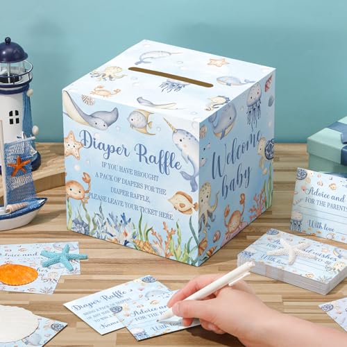 Ocean Animals Diaper Raffle Tickets with Card Box - 51 Pieces