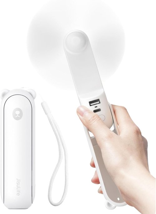 JISULIFE Handheld Fan 8 Plus - All-in-One Mini Fan with 37 Hours Cooling & 4500mAh Power Bank | Portable White Design for Travel & Makeup