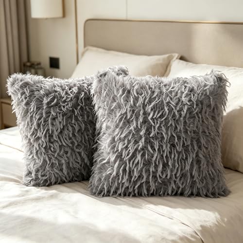 OYIMUA Faux Feather Throw Pillow Covers, 16x16 Grey-Brown Set of 2