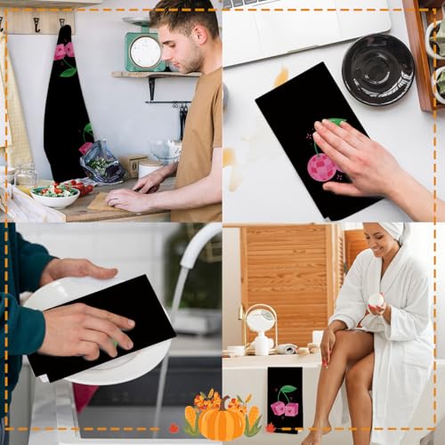 Cherry Kitchen Hand Towels Set of 2 - Pink & Black Decorative Dish & Bathroom Towels
