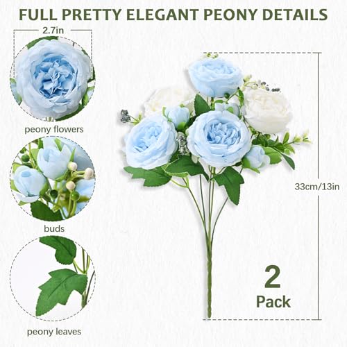 Mixed White Blue Artificial Peonies - 2 Pack Silk Flowers
