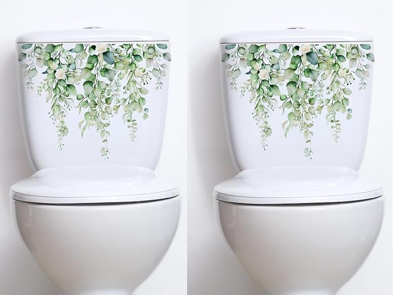 Green Plant Toilet Lid Decals - Self-Adhesive Botanical Bathroom Wall Decor