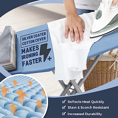 EASI Ironing Board Full Size 48" x 15" with Iron Rest, 7 Height Options 26" to 36", Foldable Iron Board with Removable Covers, Thick Padding and Heavy-Duty Steel Legs, Blue